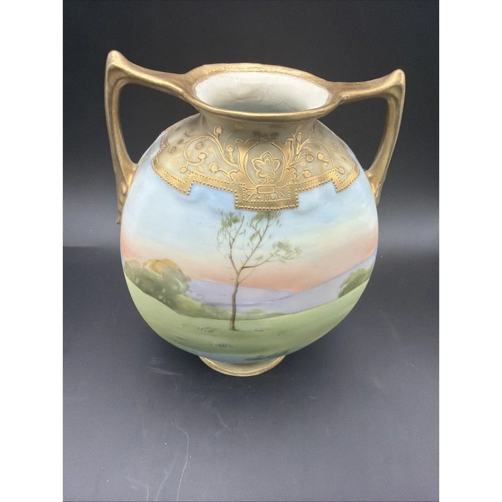 Antique Hand Painted Nippon Porcelain Landscape Vase Double Handle Gold Gilt 8